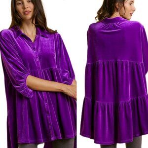 Umgee SZ M Purple Velvet Babydoll Top Boho Dressy Whimsigoth Dark Romance